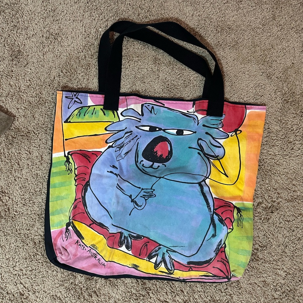Katsui Studio Australia Hand-Painted Canvas Tote‎ Bag Blue Yellow Red Koala Art